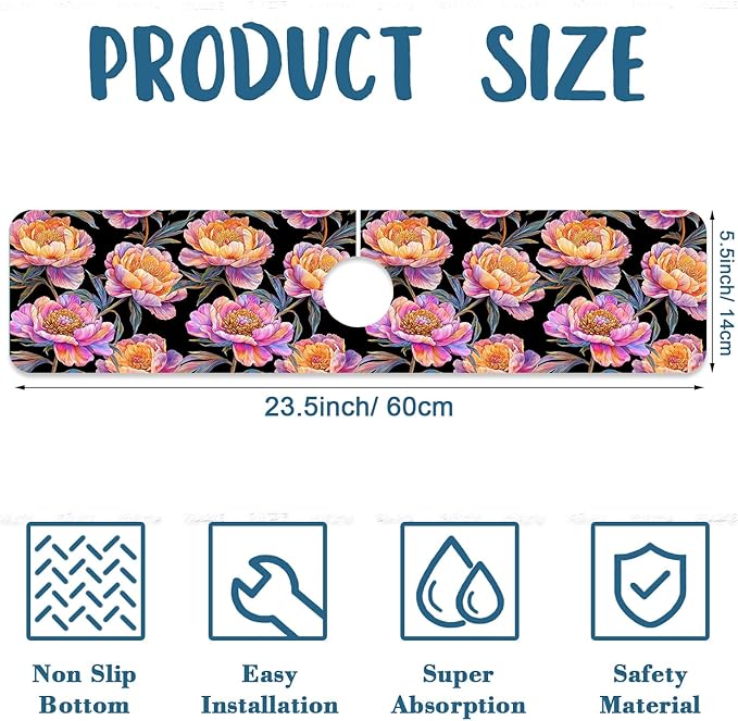 Colorful Peonies Sink Faucet Absorbing Mat Blooming Peonies Super Absorbent Fast Drying Mat Sink Gadgets Behind Faucet Sinkmat for Kitchen Bathroom, 23.5"x5.5"