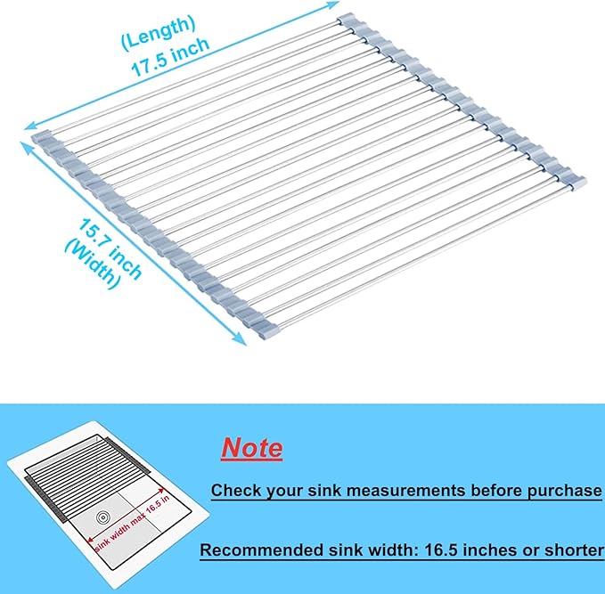 Seropy Roll Up Dish Drying Rack Over Sink Over The Sink Dish Drying Rack Kitchen Dish Drainer, Folding Dish Rack for Kitchen Sink Counter Stainless Steel Mat Foldable Dish Dryer Racks 17.5" x 13.7"