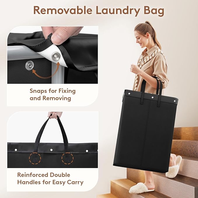 Lifewit 150L Large Laundry Basket with Wheels, Tall 2 Section Laundry Hamper Organizer, Rolling Laundry Cart with Steel Frame & Removable Bag for Luandry Room Bathroom Bedroom, Black