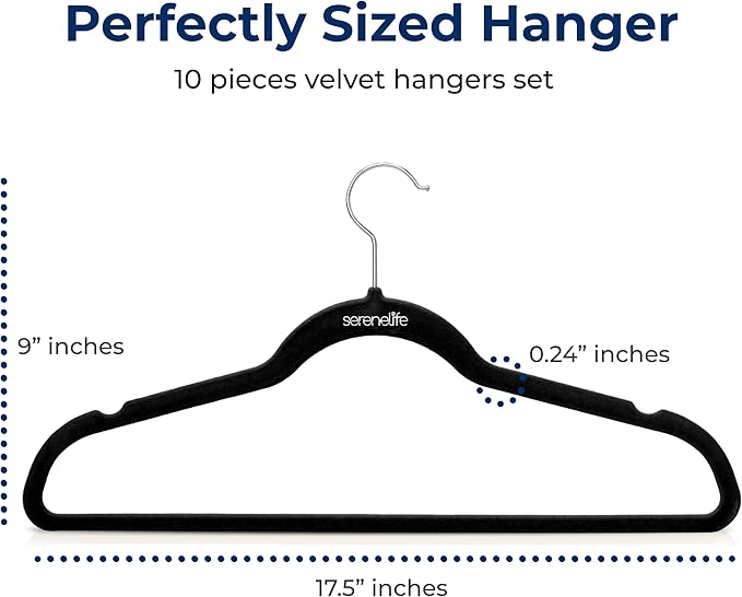 SereneLife 10 Pack Velvet Hangers – Non-Slip Clothes Hangers with Heavy Duty Design, Slim Space-Saving Coat Hangers with 360° Swivel Hook, Strong Lightweight Closet Organizer Set for Clothes (Black)