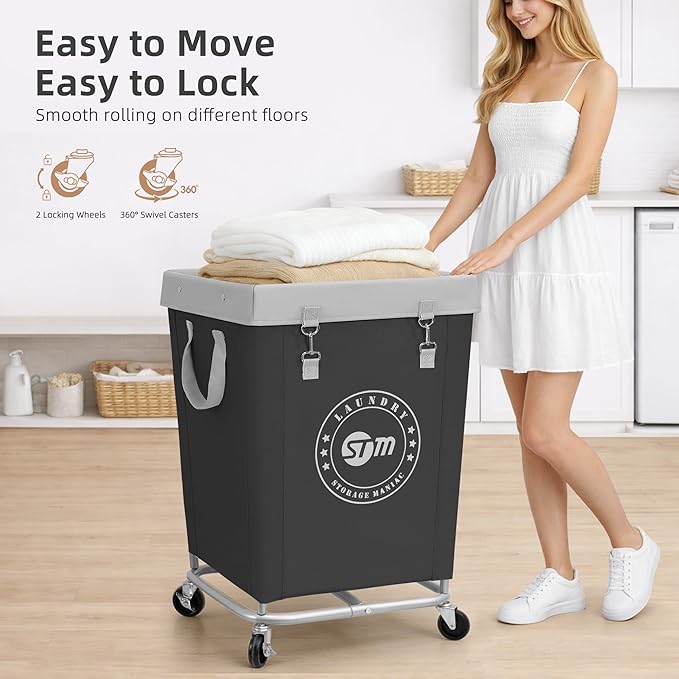 STORAGE MANIAC Commercial Laundry Hamper with Heavy Duty Steel Frame, 160 L Industrial Laundry Basket Cart with Wheels for Hotel, Home, Laundry Room, 17.72''L x 17.72''W x 30.91''H, Medium Black