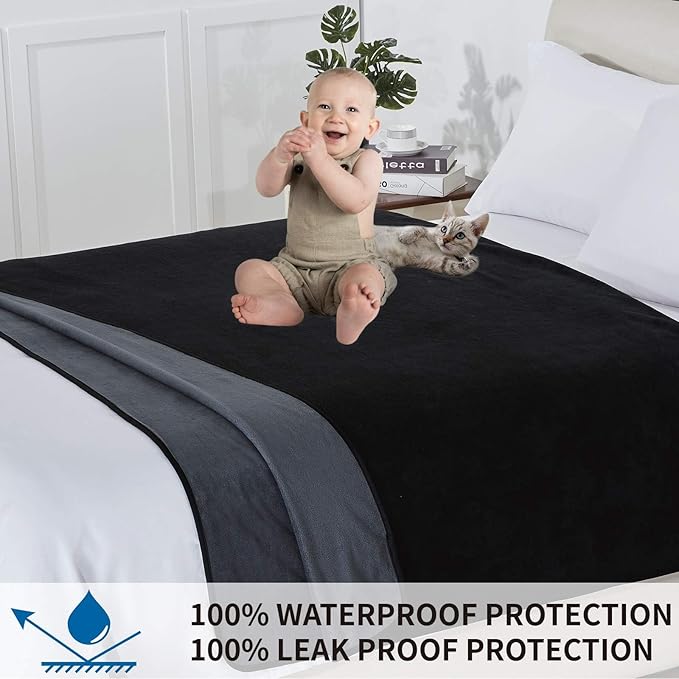Softan Waterproof 100% Leak Proof Blanket for Baby Adults Pets Dogs Cats, Pee Proof, 3 Layer Protector for Bed, Sofa Couch and Other Furniture, 90"x90", Charcoal | Black, Reversible Lightweight