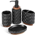 Bathroom Accessories Set 4 Pcs Toothbrush Holder Soap Dispenser Ceramic and Wood Bathroom Decor Set with Toothbrush Cup Soap Dish Tumbler Black