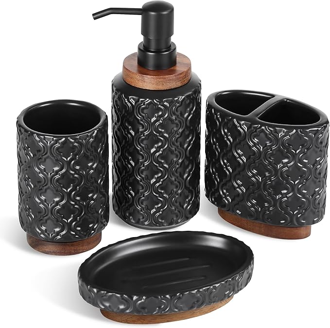 Bathroom Accessories Set 4 Pcs Toothbrush Holder Soap Dispenser Ceramic and Wood Bathroom Decor Set with Toothbrush Cup Soap Dish Tumbler Black