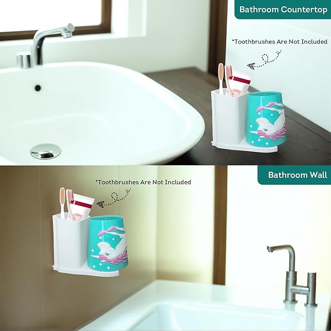 Lily's Home Kids Toothbrush Holder - 3D Unicorn Tumbler & Organizer Set - Fun Bathroom Storage Decor - Pink/White Design - Kids Bathroom Accessories - Space-Saving Holder for Toothbrush/Toothpaste