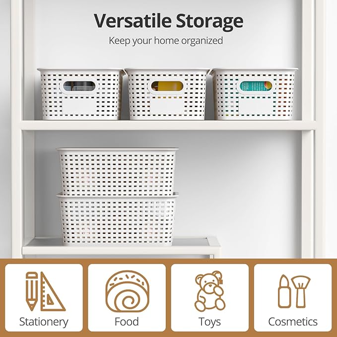 Plastic Storage Basket with Lid, Stackable Small Box Bins for Organizing and Containers for Shelves Drawers Desktop Closet Playroom Pantry Classroom Office Home, 8 Pack 10.2x7.2x4.1 Inch, White