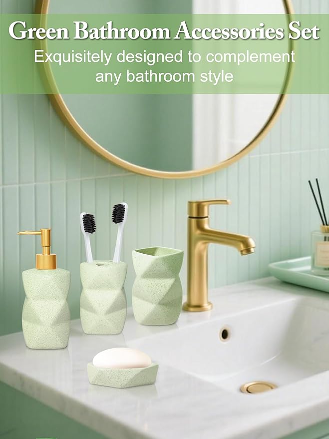 Ceramic Bathroom Accessories Set, 4-Piece Green Bathroom Set Complete with Soap Dispenser Set, Toothbrush Holder, Tumbler & Soap Dish – Bathroom Sets Accessories for Home, Apartment, Idea