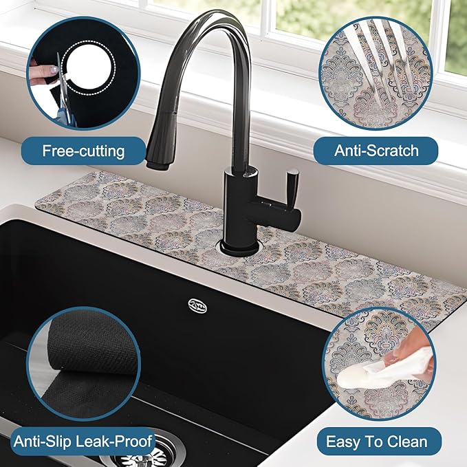 Grey Ceramic Printing Sink Faucet Absorbing Mat Ceramic Texture Super Absorbent Fast Drying Mat Sink Gadgets Behind Faucet Sinkmat for Kitchen Bathroom, 23.5"x5.5"