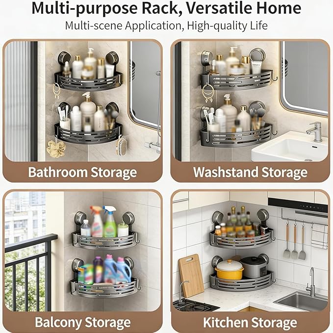 HIDEZHI Triangle Suction Cup Shower Caddy, Suction Cup Corner Shower Shelf, No-Drill Bathroom Corner Caddy, Triangle Suction Cup Corner Shelves, Removable Wall Storage Rack (Gray)