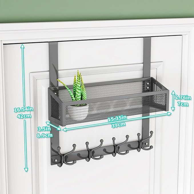 HapiRm Over The Door Hooks - Easy Installation Door Hanger with Basket and 16 Hooks, 304 Stainless Steel Storage Organizer for Towels, Coats, Bathroom, Kitchen, Dorm-Grey