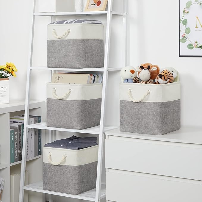 Temary Fabric Storage Baskets for Organizing, Grey Basket for Shelves, Collapsible Baskets with Handles for Shelves, Home, Closet (White&Gray)