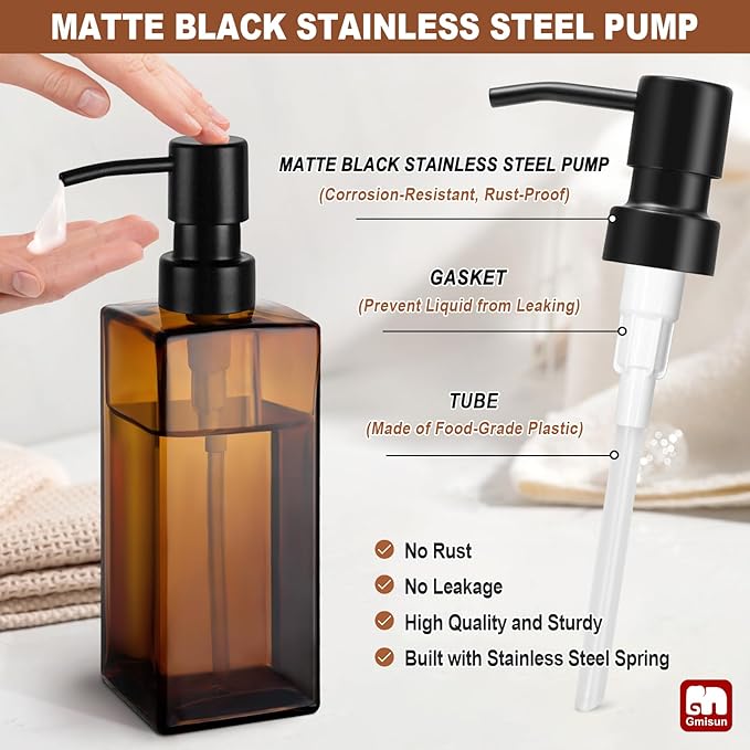 GMISUN Amber Glass Soap Dispenser, Hand Soap Dispenser with Stainless Steel Pump for Bathroom, 12 fl oz/350ml Refillable Dish Dispensers for Kitchen, Modern Liquid Lotion Bottles for Countertop