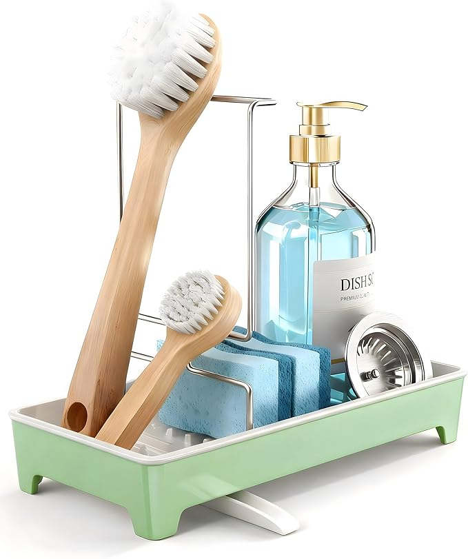 Minimalist Sink Caddy, Rustproof Sponge Holder for Kitchen Sink with 304 Stainless-Steel Brush Holder, Countertop Rack Organizer with Raised Ridges & Silicone Drain Tube (Mint Green)