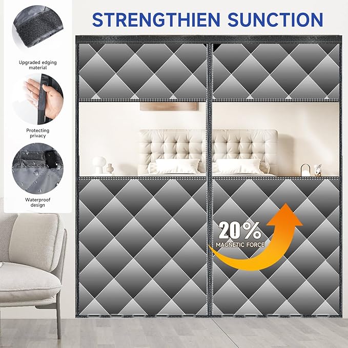 Magnetic Thermal Insulated Door Curtain with Detachable Visible Windows, Thicken Polyester Fiberfill & Durable Oxford Fabric, Hands Free Windproof Door Screen, Fit Doors Size Up to 72 x 80 Inch, Grey