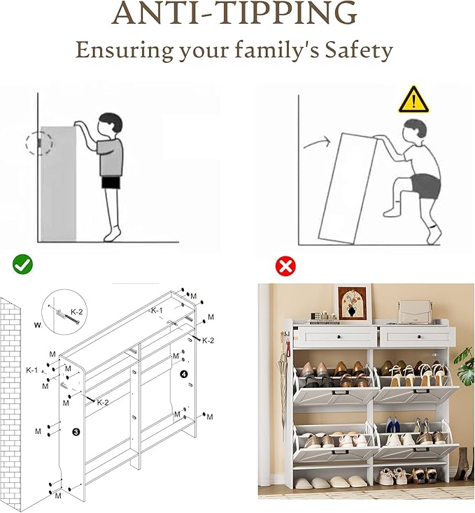 BORNOON Shoe Storage Cabinet for Entryway, Farmhouse Wide Shoe Cabinet with 4 Flip Drawers and 2 Top Drawers, Freestanding Organizer with Adjustable Shelves, Hooks, and Anti-Tip Kit for Hallway