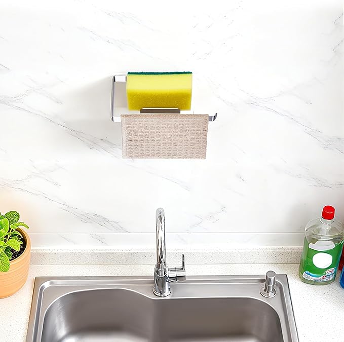 Sponge and Dish Cloth Holder for Kitchen Sink, 2 in 1 Adhesive Sink Dish Sponge Holder, Sinks Caddy Organizer Rack for Storage Sponges Scrubber Glove and Brush, Silver