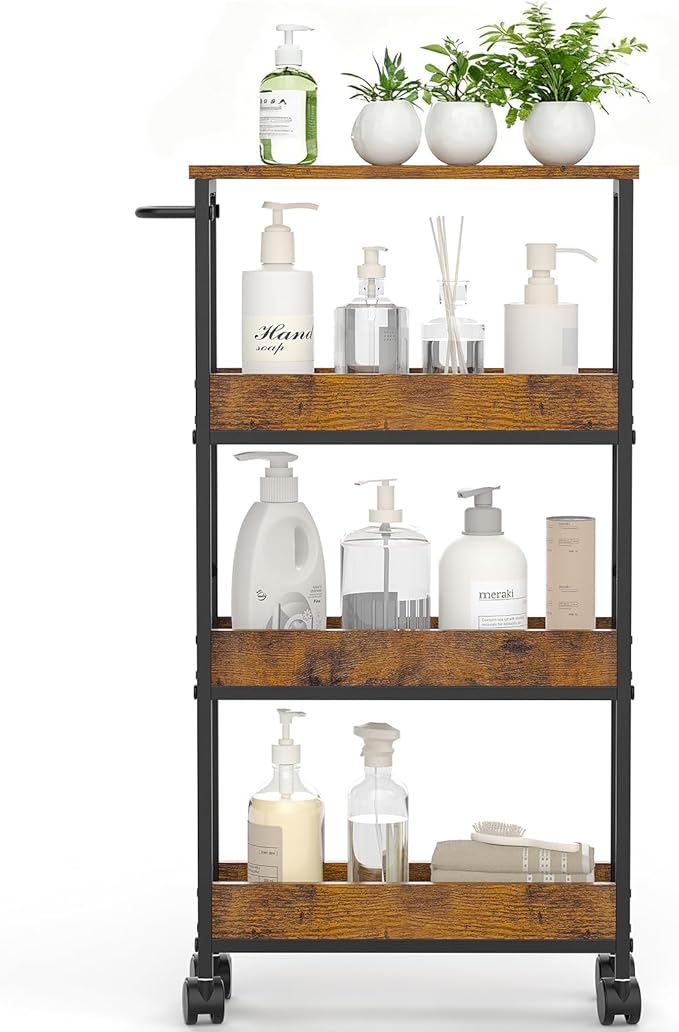 4 Tier Slim Rolling Storage Cart Narrow Space Utility Cart with Handle Metal Frame with Wood Top Table Sturdy Cart Organizers and Storage for Kitchen Bathroom Laundry Office, 5.1 Inches Deep Black