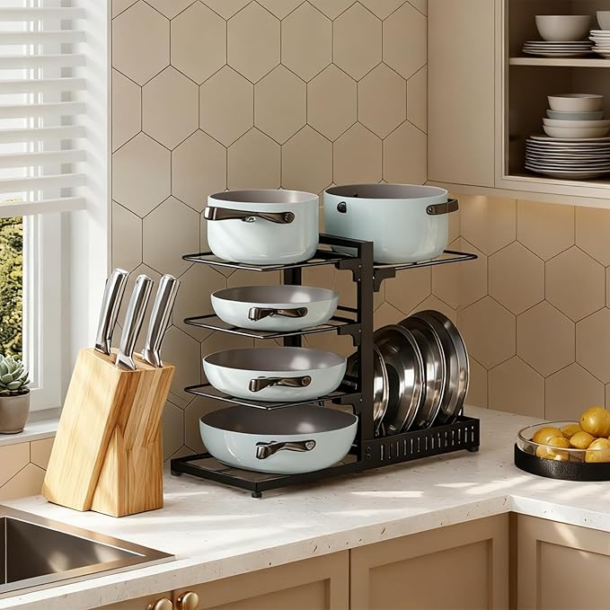 pots and Pans Organizer Under Cabinet, Pot and Pan Organizer Rack, Two-Sided Cookware Holder with Lid Storage, Adjustable Pan Organizer, Pot Holders, for Kitchen, Black TPR40BB