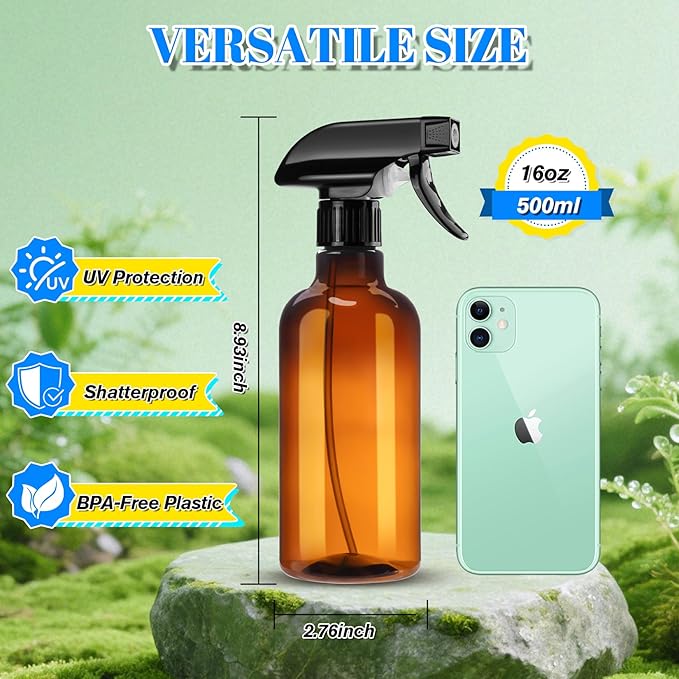 DIYSELF Spray Bottle for Cleaning Plastic Spray Bottles 16 oz 500ml Squirt Bottles for Liquids Amber Spray Bottles for Cleaning Empty Plastic Spray Lab Weighing Bottles for Home Garden