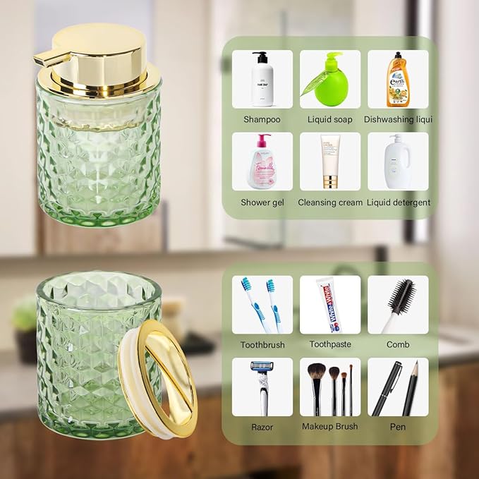 Bathroom Accessories Set, 3pcs Green Glass Bathroom Accessory Set, Toothbrush Holder, Foaming Soap Dispenser and Tumbler, Gold Bathroom Decor Sets for Organizer, Home Apartment Gift