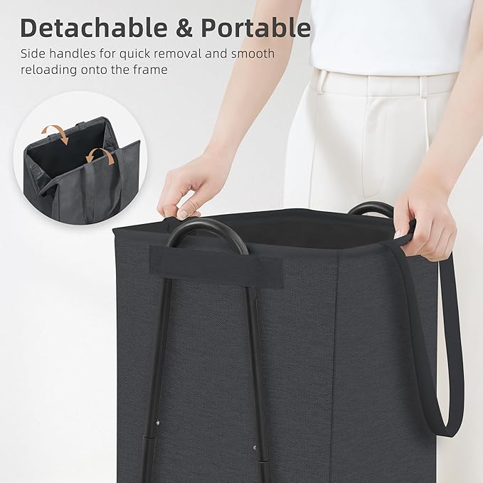 STORAGE MANIAC Laundry Hamper with Metal Rack, Large Laundry Basket with Triangle Frame, Collapsible Dirty Clothes Hamper with Handles for Dorm, College, Small Space, Closet, Bedroom, Black