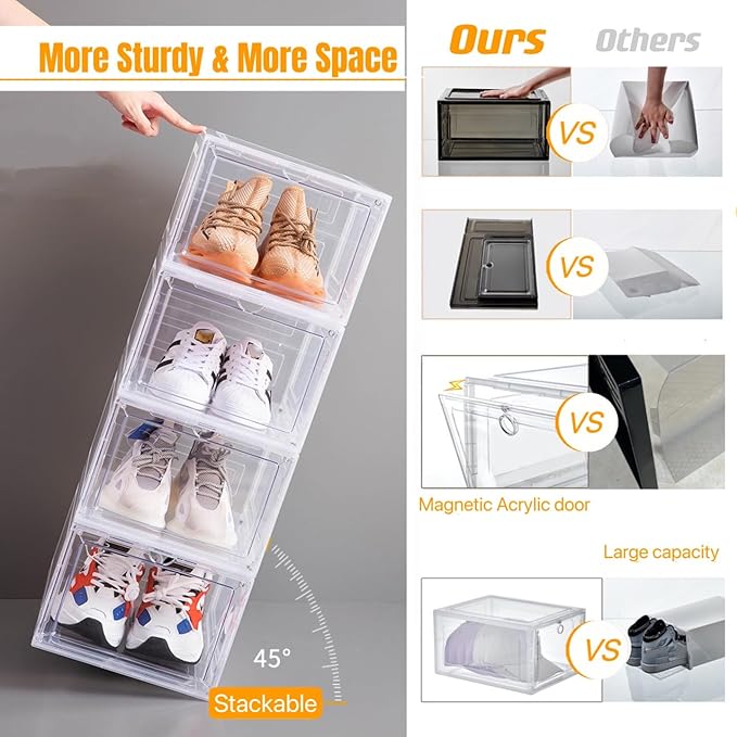 Attelite X-Large Clear Plastic Shoe Boxes - Stackable Shoe Organizer with Magnetic Door, Drop Front Display Box (9 Pack, Clear Black)