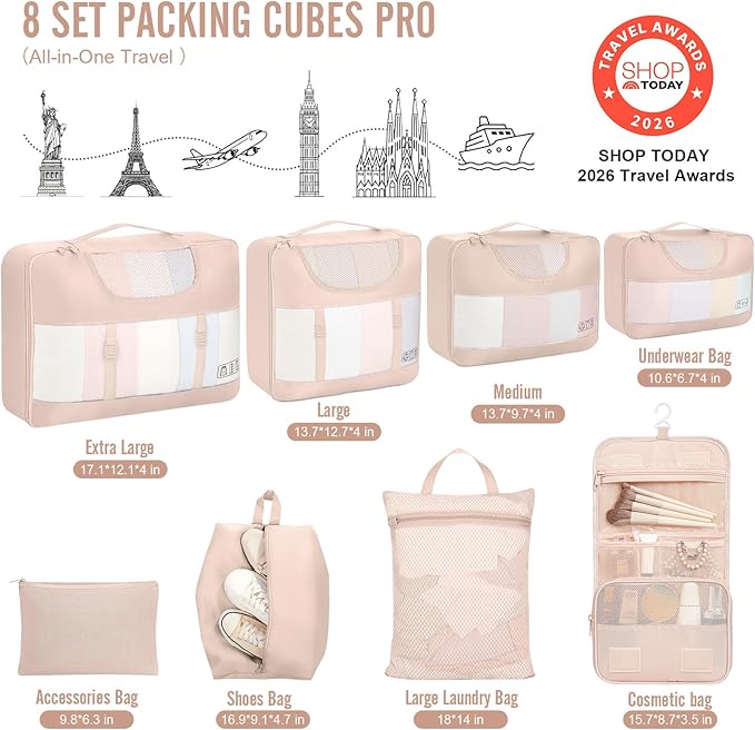 Veken 8 Set Packing Cubes, Cruise Ship Travel Essentials Accessories for Beach Vacation, Personalized Gifts for Women Mom Her, Suitcase Organizer Bags for Luggage with Hanging Toiletry Bag