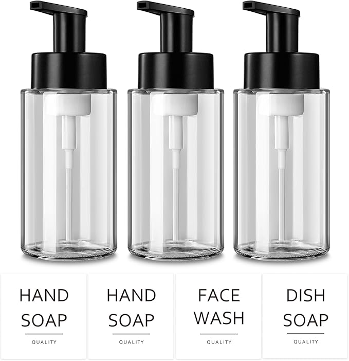 Foaming Soap Dispenser, 10 oz/300ml Foaming Hand Soap Dispenser, 3 Pack Glass Foaming Soap Dispenser for Bathroom & Kitchen, Clear Refillable Foam Soap Dispenser Bottle with Waterproof Labels