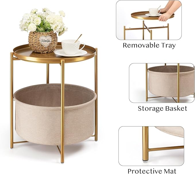 danpinera Round Side Table with Fabric Storage Basket, Pack of 2, Metal Side Table Small Bedside Table Nightstand with Removable Tray Top for Living Room, Bedroom, Nursery, Laundry, Gold