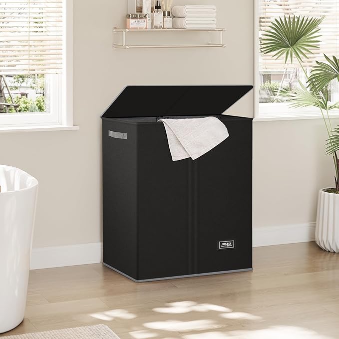 SOLEDI Double Laundry Hamper with Lid and Removable Laundry Bags - Large Dirty Clothes Hamper 2 Section - Collapsible Laundry Baskets for Bedroom, Bathroom, Laundry room, Apartment, Black