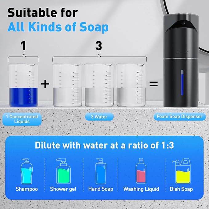 Automatic Soap Dispenser,Touchless Hand Wall Mount Rechargeable 3 Gear Adjustable Electric Soap Dispenser 350ml with Infrared Motion Sensor for Bathroom,Kitchen,Office, Black Foam
