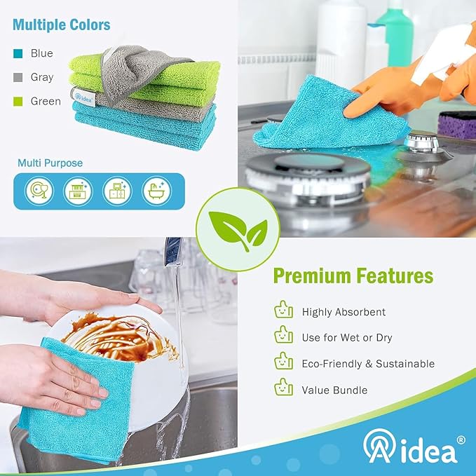 AIDEA Microfiber Cleaning Cloth-8PK, Soft Microfiber Towels for Cars, Absorbent Cleaning Rags, Lint-Free Streak-Free Wash Cloths for House, Kitchen, Window(12in.x16in.) (Pack of 2)