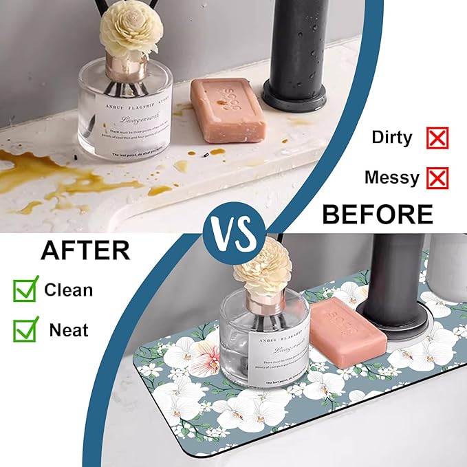 Colorful Wildflowers Kitchen Sink Splash Guard Faucet Mat White Orchid Super Absorbent Fast Drying Mat Sink Splash Guard Behind Faucet for Kitchen Bathroom, 15.5"x5.5"
