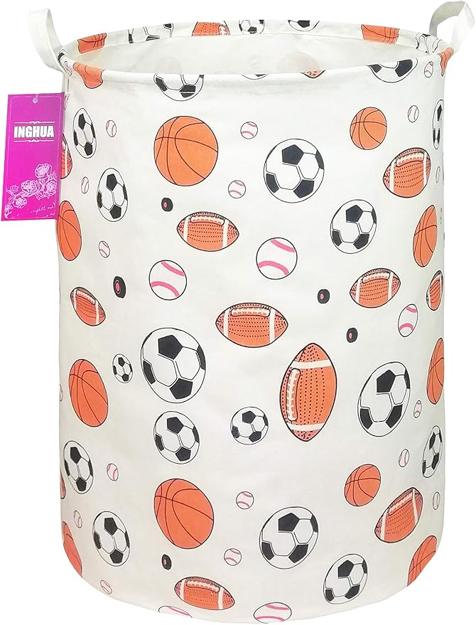 Laundry Hamper Large Canvas Fabric Lightweight Storage Basket/Toy Organizer/Dirty Clothes Collapsible Waterproof for College Dorms, Boys and Girls Bedroom,Bathroom(Ball game)