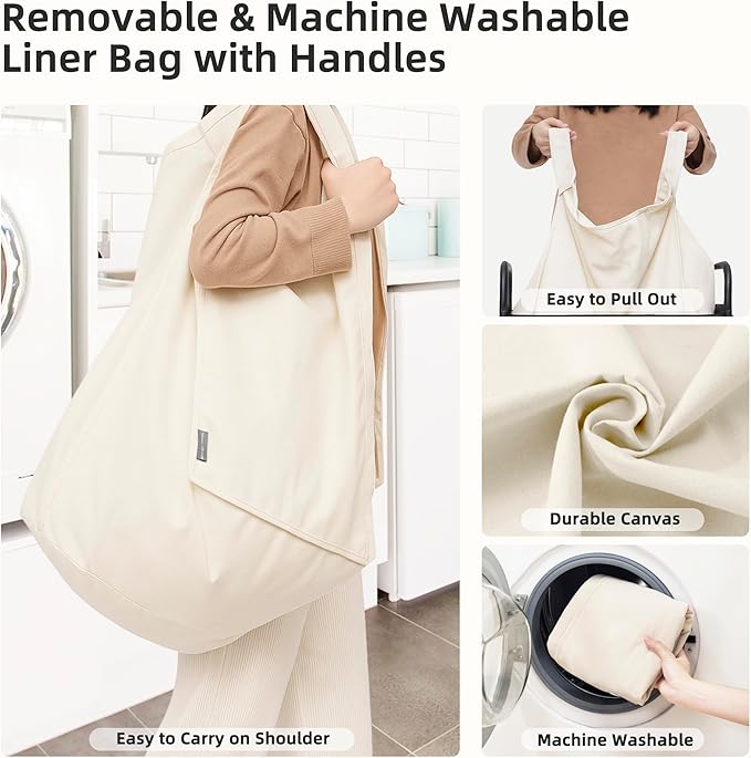 STORAGE MANIAC Rolling Laundry Hamper with Wheels 3-Section Laundry Sorter Rolling Laundrys Basket on Wheels with Removable Bag Clothes Hamper Laundrys Organizer Cart Bathroom Bedroom 120L Beige
