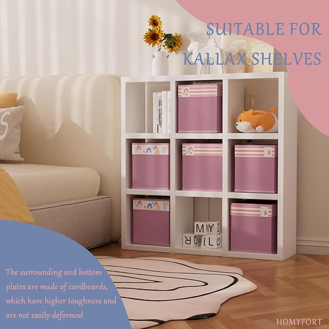 homyfort Cube Storage Organizer Bins, 12x12 Inch Fabric Bins for Cube Storage, Foldable Cloth Baskets Box with Handles for Organizing Clothes, Toys in Pantry, Closet Shelf, Nursery, Kids Room (Pink)