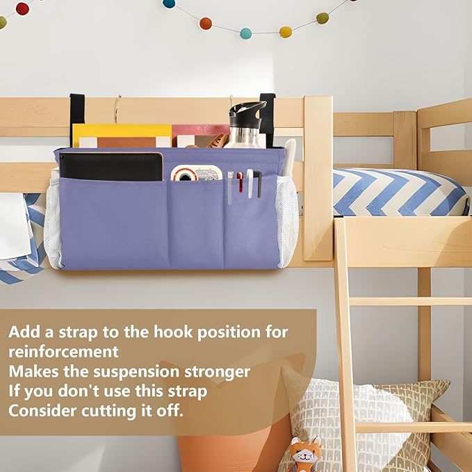 KOPIRIT Purple Bedside Caddy Storage Bag Bedside Organizer for College Dorm Top Bunk Bed Hanging Storage Organizer 6 Pockets with Hooks for Book Glasses Phone Holder