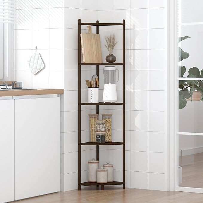 Wisuce Corner Shelf Stand - 5 Tier Walnut Bamboo Small Corner Bookshelf for Office Kitchen Bedroom Plant Stand Living Room Decor Small Space