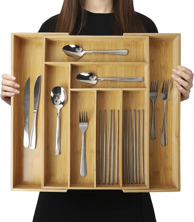 Expandable Bamboo Kitchen Drawer Organizer – Silverware Organizer, Utensil Holder & Cutlery Tray Drawer Dividers for Flatware (20"x16.9" Large Size, 8 Slot, Natural)