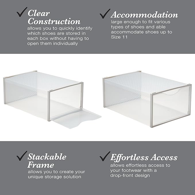 Simplify Set of 12 Stackable Shoe Boxes | Customizable | Fits Size 11 Shoes | Drop Front Design | Closet Storage | Sneakers | Heels | Clear and White