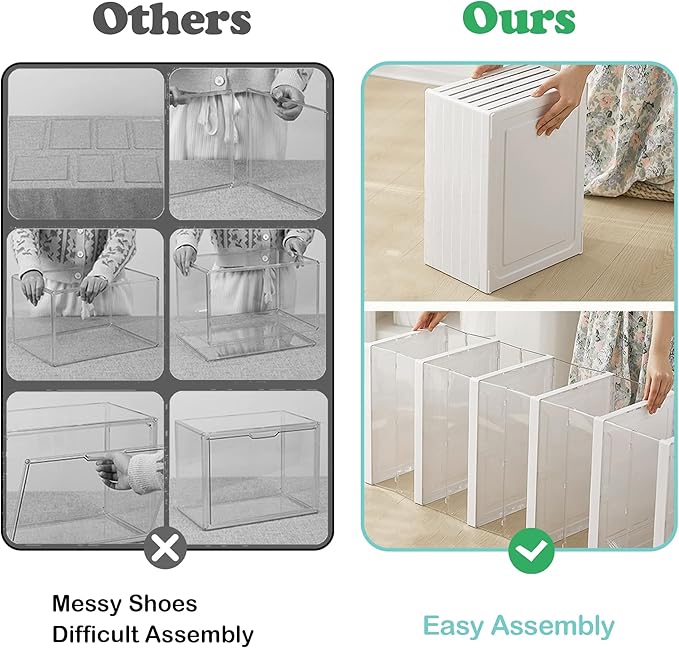 Upgrade Clear Foldable Shoe Storage Organizer, No Assembly 6 Tiers Shoe Box with Fully Clear Door, Plastic Stackable Shoe Rack for Sneakers, Sturdy Shoe Storage Containers Bins