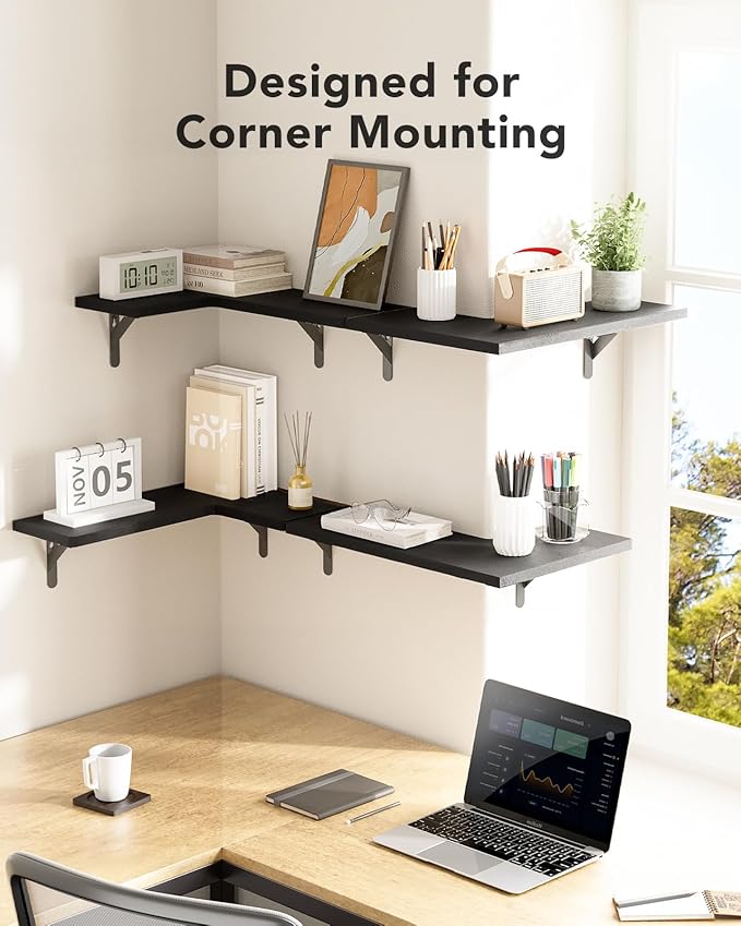 AMADA HOMEFURNISHING Corner Floating Shelves, Set of 4 Corner Wall Shelves, Shelves for Wall Decor, Corner Wood Shelves for Home Decor, Office, Bedroom, Bathroom, Laundry Room, Kitchen, Black