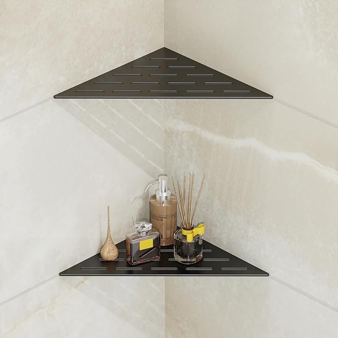 Peaktrivol Corner Shower Caddy Shelf, Recessed Built-in Bathroom Storage for Tiled 90° Walls, Matte Black 304 Stainless Steel, Set of 2