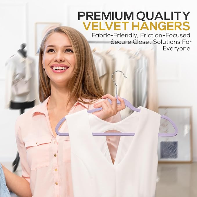 Techzoo Premium Velvet Hangers 50 Pack Ultra Thin Non Slip Adult Felt Space Saving Suit Hanger for Closet Heavy Duty Coat Pants Jackets Dress Hangers 360° Swivel Hook Hold Upto 10 lbs Purple Hangers
