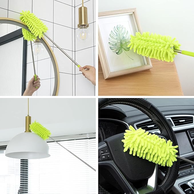 Microfiber Duster for Cleaning, Tukuos Hand Washable Dusters with 2pcs Replace Microfiber Head, Extendable Pole, Detachable Cleaning Brush Tool for Office, Car, Window, Furniture, Ceiling Fan Green