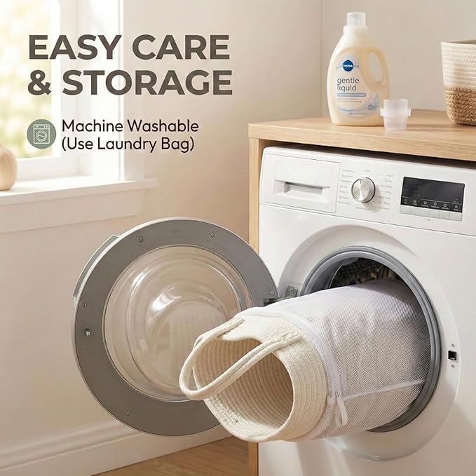 115L Extra Large Blanket Basket for Living Room - Woven Cotton Rope Laundry Hamper with Reinforced Handles - Storage Bin for Pillows, Comforters & Toys - Machine Washable,White