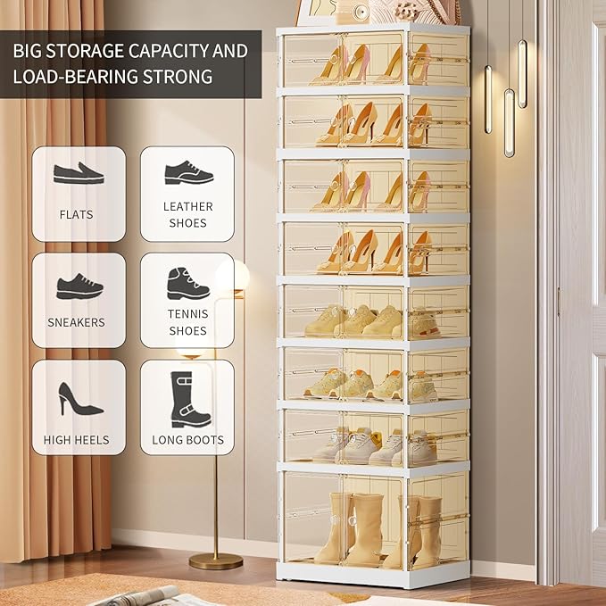 EHAMILY 8 Tiers 8-16 Pairs Foldable Shoe Boxes Large Plastic Shoe Storage Rack Collapsible Shoe Organizer for Closet Tall Shoe Shelf Clear Stackable Shoes Cabinet with Doors Entryway