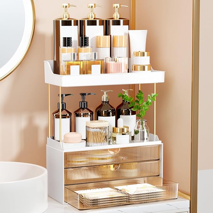 2 Sets 6 Drawers Makeup Organizer – 5 Tier Bathroom Organizers and Storage, Versatile Perfume Vanity Organizer, Ideal for Cosmetic, Large Skincare, Face Mask, Office Supplies, Amber