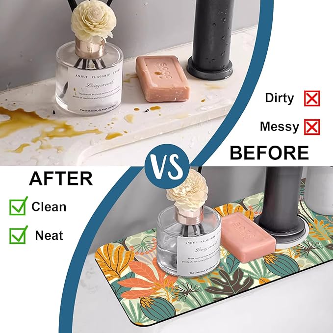 Abstract Leaves Sink Faucet Absorbing Mat Boho Leaves Super Absorbent Fast Drying Mat Sink Gadgets Behind Faucet Sinkmat for Kitchen Bathroom, 15.5"x5.5"