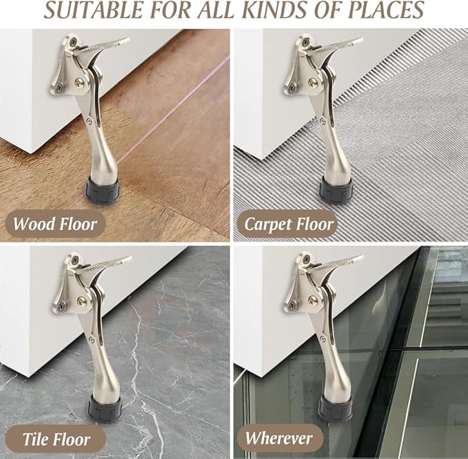 Kickdown Door Stopper 4Inches - One Packs One Touch Adjustable Height Door Stop for The Bottom of Door The Bottom of Door Aluminum Alloy Metal Door Stopper with Rubber Tip Satin Nickel